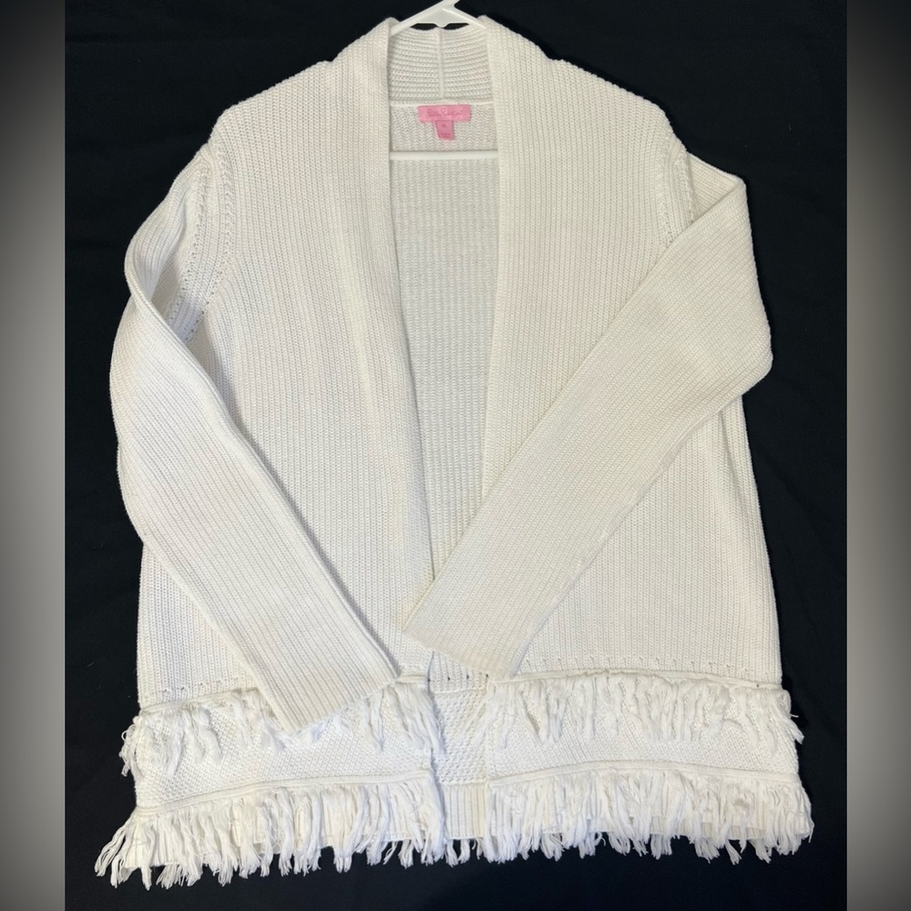 Lilly Pulitzer XL Ivory Cotton Knit Open Front Cardigan Fringe Hem Sweater BoHo - Picture 3 of 8